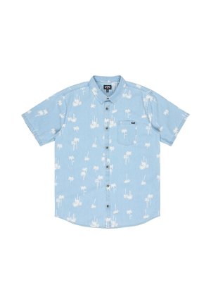 Light blue short-sleeve button-up shirt with white palm tree print and a chest pocket on a white background.