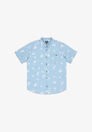 Light blue short-sleeve button-up shirt with white palm tree print and a chest pocket on a white background.