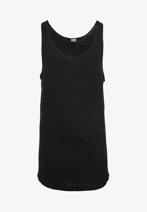 Zwart tanktop gemaakt van lichtgewicht stof met een ronde halslijn en mouwloos ontwerp. Heeft een rechte zoom en minimale stikseldetails.