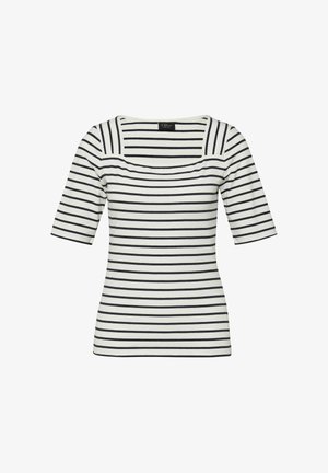 Biały dopasowany top z krótkim rękawem, czarnymi poziomymi paskami i szerokim kwadratowym dekoltem.