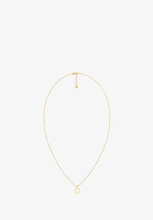 Goldfarbener Kettenanhänger mit einem einzelnen, großen Buchstaben "D". Das Design ist minimalistisch mit einer zarten Kette und einem Verschluss.