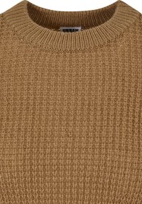 Khaki knitted sweater featuring a ribbed round neckline and textured pattern, made from soft fabric for a cozy appearance.