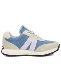 Casual low-top sneaker with beige suede and blue fabric panels, white side stripe, beige laces, cushioned collar, and black rubber sole.