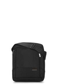 Borsa a tracolla nera realizzata in tessuto texturizzato, con chiusura a zip, tracolla regolabile e tasca frontale con un piccolo dettaglio del logo.