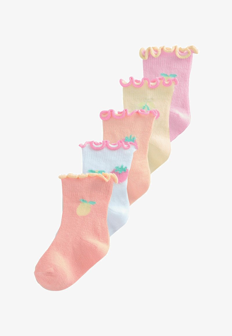 Five pairs of pastel-colored baby socks with ruffled tops, each featuring a small fruit design on the ankle area.