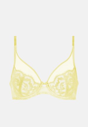 Gelber Spitzen-BH mit Bügel, floralem Muster und dünnen verstellbaren Trägern vor einfachem Hintergrund.