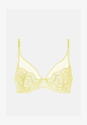 Reggiseno giallo con ferretto in pizzo decorato con motivi floreali e sottili spalline regolabili su uno sfondo neutro.
