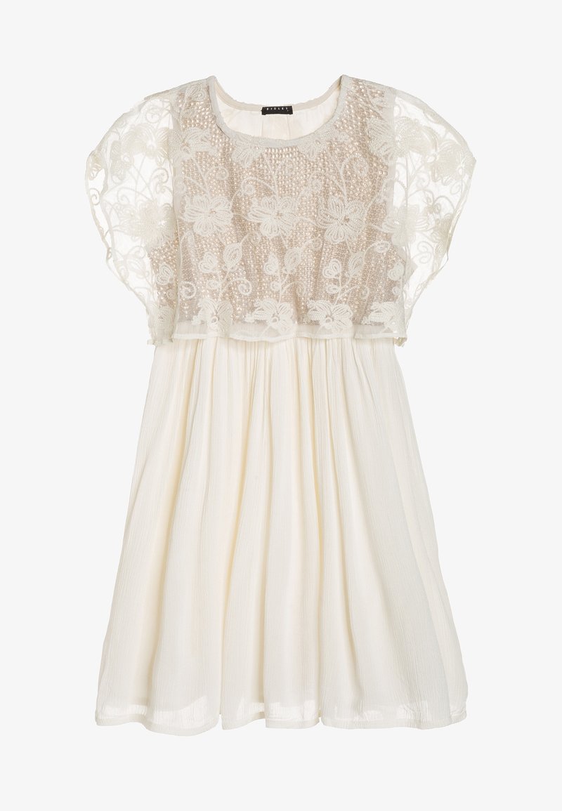 Robe blanche avec un haut en dentelle florale transparente, des manches bouffantes, une taille ajustée et une jupe plissée fluide. Tissu léger et texturé.