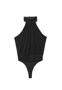 Czarny body z dekoltem na halter, teksturowana tkanina z małymi perforacjami i majtkami typu thong. Faldowany fason w talii.