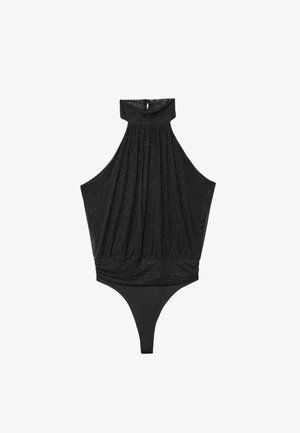 Czarny body z dekoltem na halter, teksturowana tkanina z małymi perforacjami i majtkami typu thong. Faldowany fason w talii.