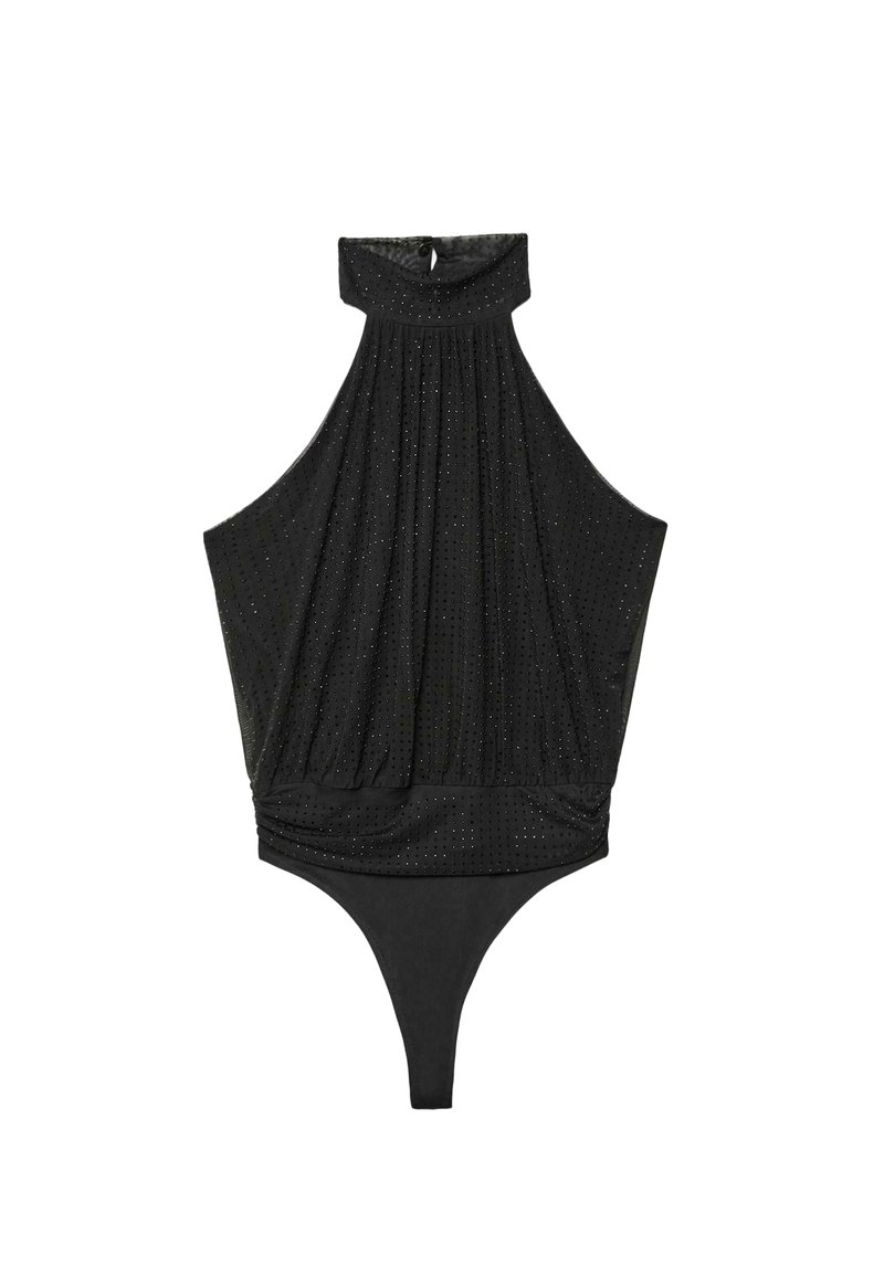 Czarny body z dekoltem na halter, teksturowana tkanina z małymi perforacjami i majtkami typu thong. Faldowany fason w talii.