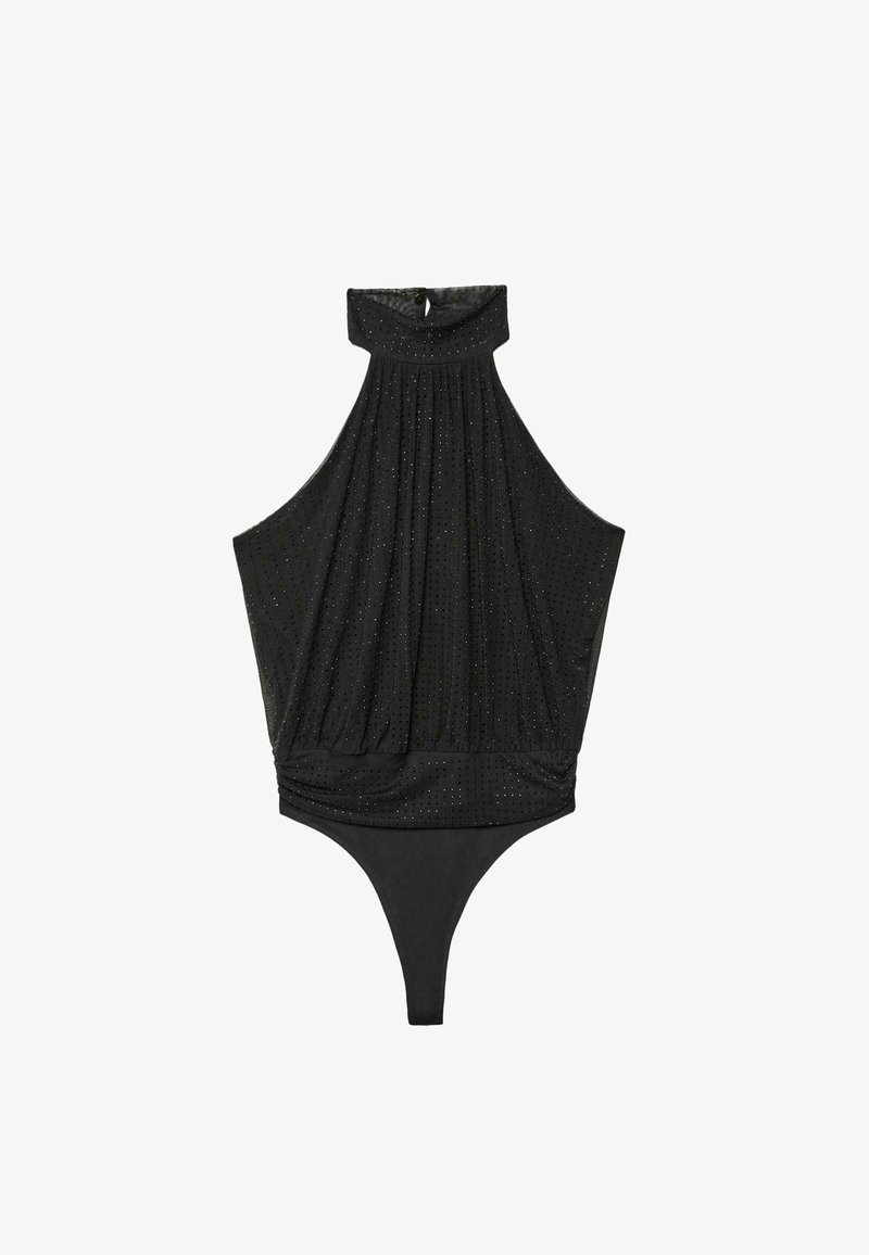 Czarny body z dekoltem na halter, teksturowana tkanina z małymi perforacjami i majtkami typu thong. Faldowany fason w talii.