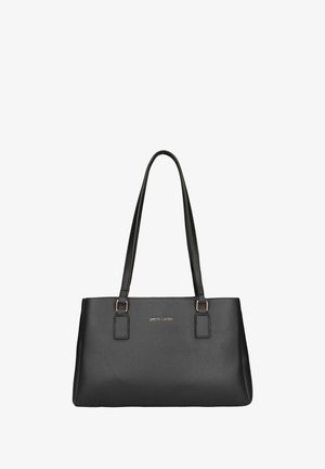 Borsa a mano in pelle nera strutturata con due spallacci e piccolo logo "pierre cardin" al centro sul davanti.