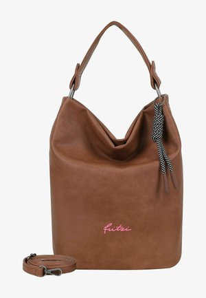Borsa a tracolla in pelle marrone dal design morbido, con manico corto, tracolla regolabile e un dettaglio annodato con logo rosa.