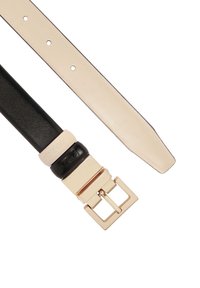 Black and beige leather belt with a gold-tone metal buckle, featuring multiple holes and a smooth texture; clean, modern design.