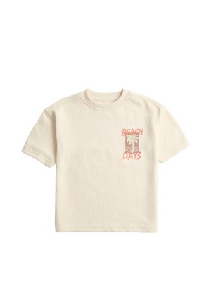 Kremfarvet t-shirt med korte ærmer og et lille motiv af en palme samt teksten "Beach Days" på venstre bryst.