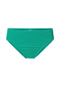 Zelené textúrované bikini nohavičky s vysokým pásom, ktoré majú horizontálne rebrované vzory a nemajú žiadne viditeľné kovanie ani ozdoby.