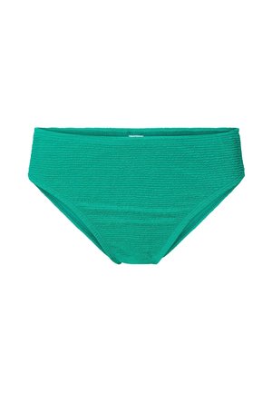 Slip bikini verde testurizzato con design a vita alta, caratterizzato da motivi a costine orizzontali e senza elementi visibili o accessori.