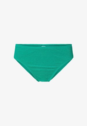 Slip bikini verde testurizzato con design a vita alta, caratterizzato da motivi a costine orizzontali e senza elementi visibili o accessori.