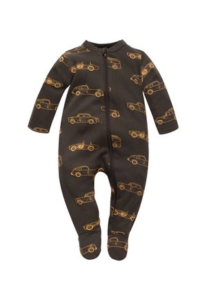 Ciemnobrązowy niemowlęcy pajacyk z długim rękawem i zamkiem błyskawicznym z przodu, pokryty pomarańczowymi ilustracjami vintage samochodów i ze stopkami.