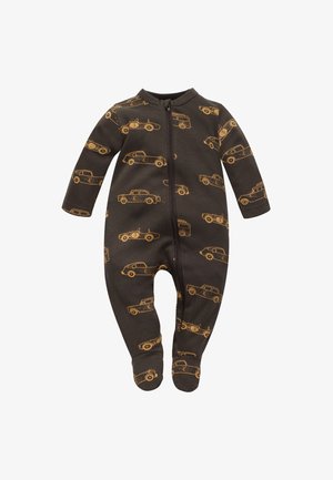 Donkerbruin babyrompertje met lange mouwen en ritssluiting aan de voorkant, bedekt met oranje vintage auto illustraties en met voetjes.