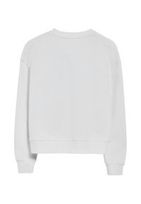 White sweatshirt featuring a relaxed fit, ribbed cuffs, and a rounded neckline. Smooth texture with no visible patterns or accents.