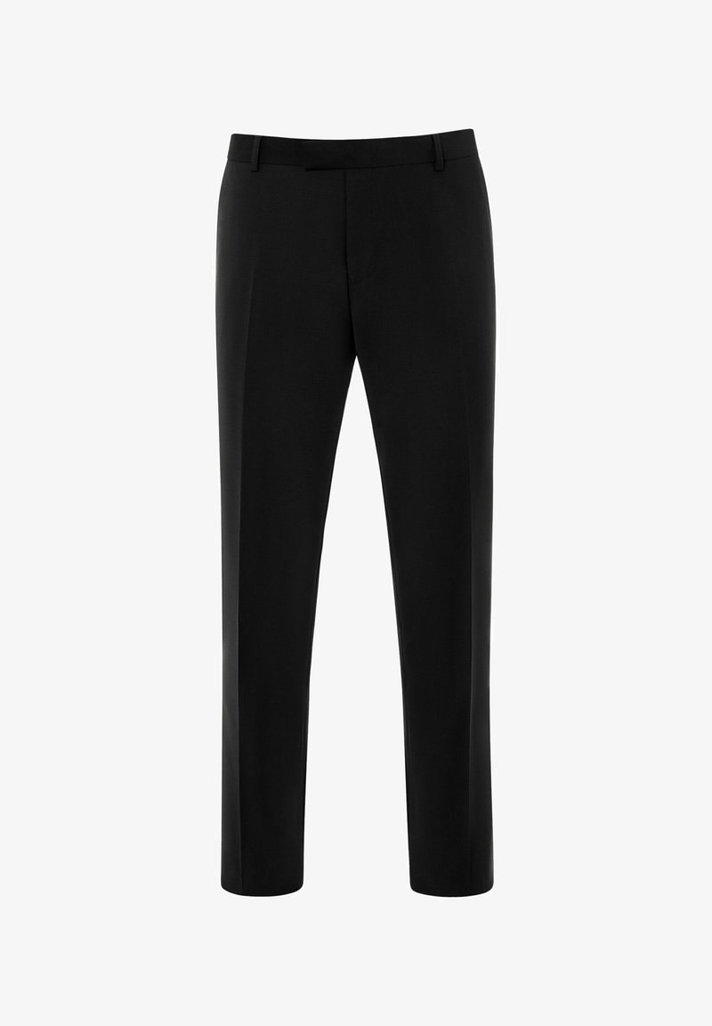 Schwarze maßgeschneiderte Hose mit glatter Textur, geradem Beinschnitt und ohne sichtbare Muster. Verfügt über einen Standardbund und Gürtelschlaufen.