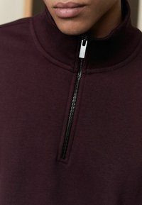 Bordeaux Pullover mit hohem Kragen und halbem Reißverschluss, mit glatter Textur und dezentem Nähdetail.