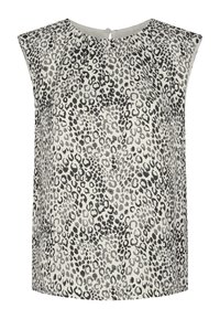 Haut sans manches en tissu léger avec imprimé léopard noir et gris, encolure arrondie et fermeture par bouton avec ouverture en forme de goutte d'eau dans le dos.