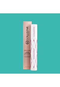 Mascara Collistar Impeccabile Base, biały tubka z różowymi diagonalnymi akcentami, obok metalicznego różowo-złotego pudełka, na turkusowym tle.