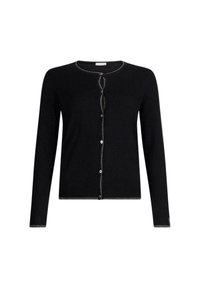 Cárdigan negro de manga larga con cuello redondo, ribete plateado a lo largo de los bordes y botones decorativos plateados en la parte delantera.