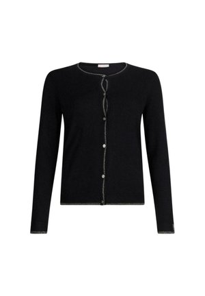 Cardigan lungo nero a maniche lunghe con scollatura rotonda, rifiniture argento lungo i bordi e bottoni decorativi in argento davanti.