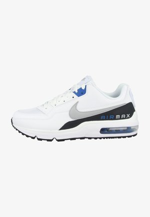 Zapatilla Nike Air Max blanca con un swoosh gris, acentos negros, ojete azul, parte superior texturizada y una unidad de amortiguación de aire visible.