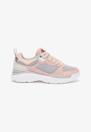 Light pink and gray athletic sneaker with mesh panels, lace-up front, padded collar, and thick white sole shown from the side.