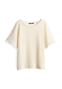 Off-white kortekorte mouw top van gestructureerde stof met een geribbeld patroon, met een brede ronde halslijn en een ontspannen pasvorm.