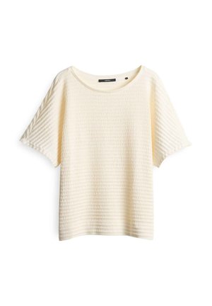 Top corto bianco sporco con maniche corte realizzato in tessuto testurizzato con un motivo a coste, caratterizzato da un ampio scollo rotondo e una vestibilità comoda.