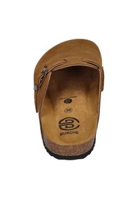 Brown suede slip-on shoe with cork sole. Features a rounded toe and an adjustable strap with metallic accents. Size 38.