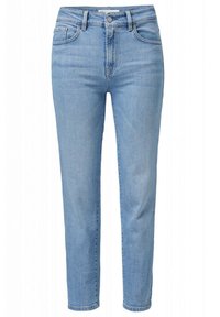 Jeans de mezclilla azul claro con un corte recto, cinco bolsillos, cierre de botón y un ligero desgaste para un look casual.
