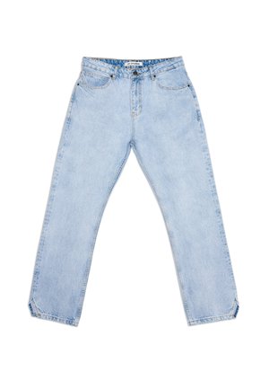 Light blue denim jeans with a straight leg design, featuring five pockets, a button closure, and subtle fading. No visible patterns or logos.