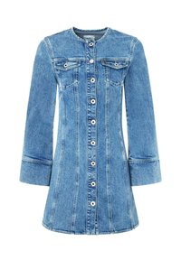 Denim kleita ar gaiši zilu izskatu, ar pogām priekšā, divām krūšu kabatām un garām piedurknēm. Iezīmē strukturētas šuves un izplestu svārku.