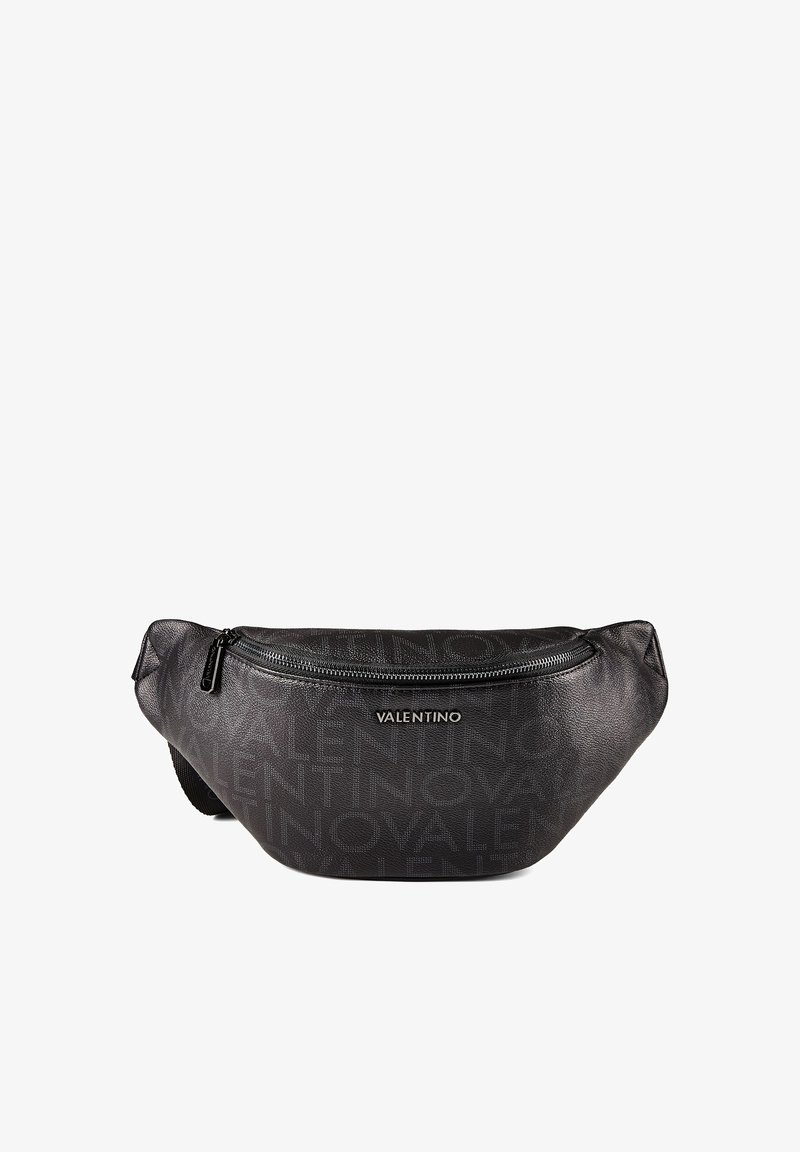 Μαύρο δερμάτινο τσαντάκι μέσης Valentino με ανάγλυφο μοτίβο επαναλαμβανόμενου λογότυπου και εμπρόσθιο κλείσιμο με φερμουάρ.