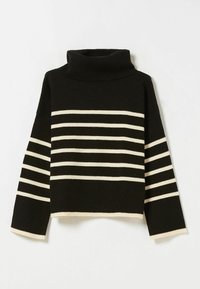 Black turtleneck sweater with horizontal white stripes, ribbed texture, loose fit, and cropped length. Soft knit material with contrasting hems.