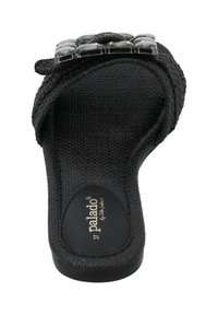 Sandale glissière tissée noire avec un dessus texturé, présentant un accent en gemme claire. Semelle douce et semelle intérieure anatomique pour le confort.