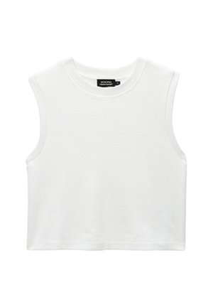 Top court blanc sans manches avec encolure ronde, bord côtelé et étiquette de la marque Monoprix à l’intérieur du col.