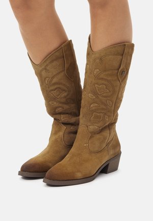 Bottes de cowboy en daim marron avec des pointes effilées, des détails brodés et des talons empilés courts. Présente des accents de couture de style western.