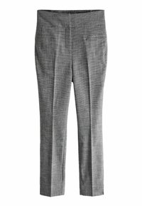 Grijze op maat gemaakte broek in een textuurstof, met een rechte snit, twee achterzakken en een tailleband met subtiele stikdetails.