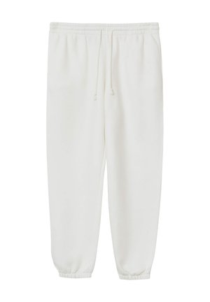Pantaloni jogger bianchi realizzati in tessuto morbido con vita elasticizzata e cordoncino. Presentano polsini a costine alle caviglie.