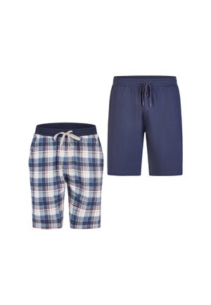 Twee paar shorts: de ene geruit in blauw, wit en rood, met een tailleband met trekkoord; de andere effen marineblauw in lichtgewicht stof.