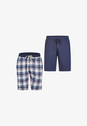 Deux paires de shorts : l'un à carreaux bleu, blanc et rouge, avec un cordon de serrage à la taille ; l'autre uni en bleu marine en tissu léger.
