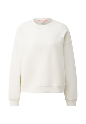Kremowy sweatshirt z okrągłym dekoltem, ściągaczami przy rękawach i lekko skróconym krojem. Zawiera małe haftowane logo w jasnoróżowym kolorze.